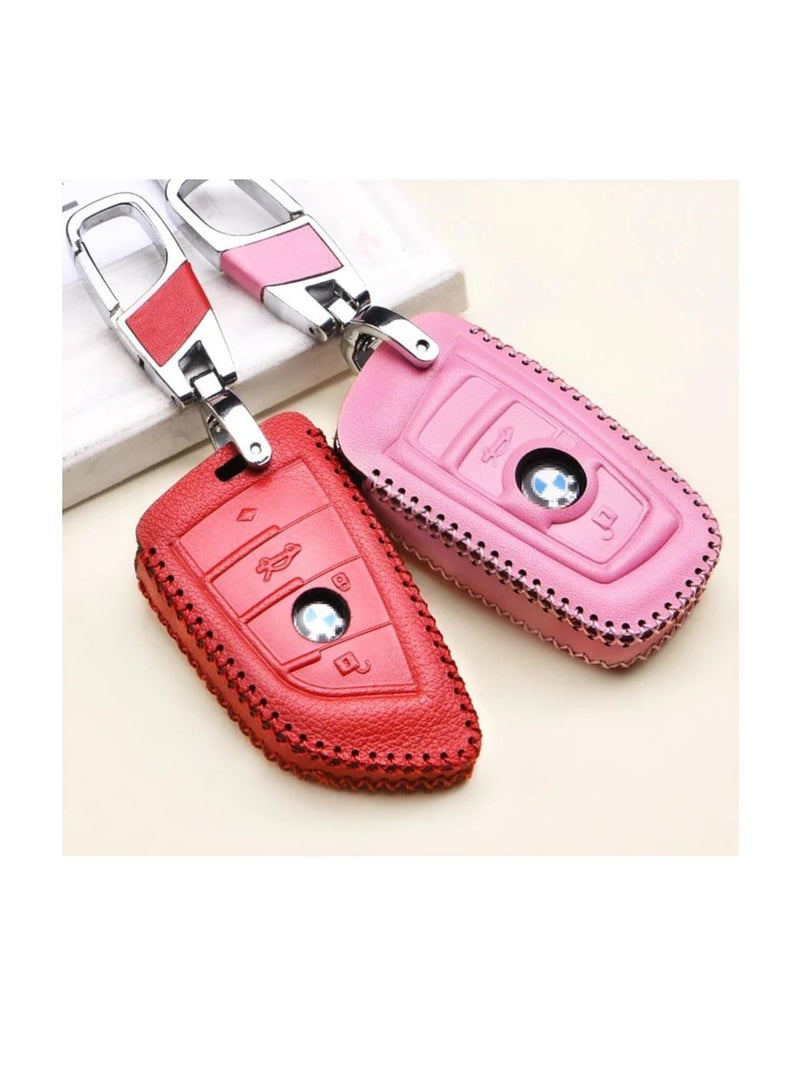 BMW Genuine Leather Key Case cover Shell For BMW 3-Button Keyless Entry Remote Control Smart Car Key Protection Fob Skin cover Etui with Braided Key Chain & Key Rings (Pink) - Image 2